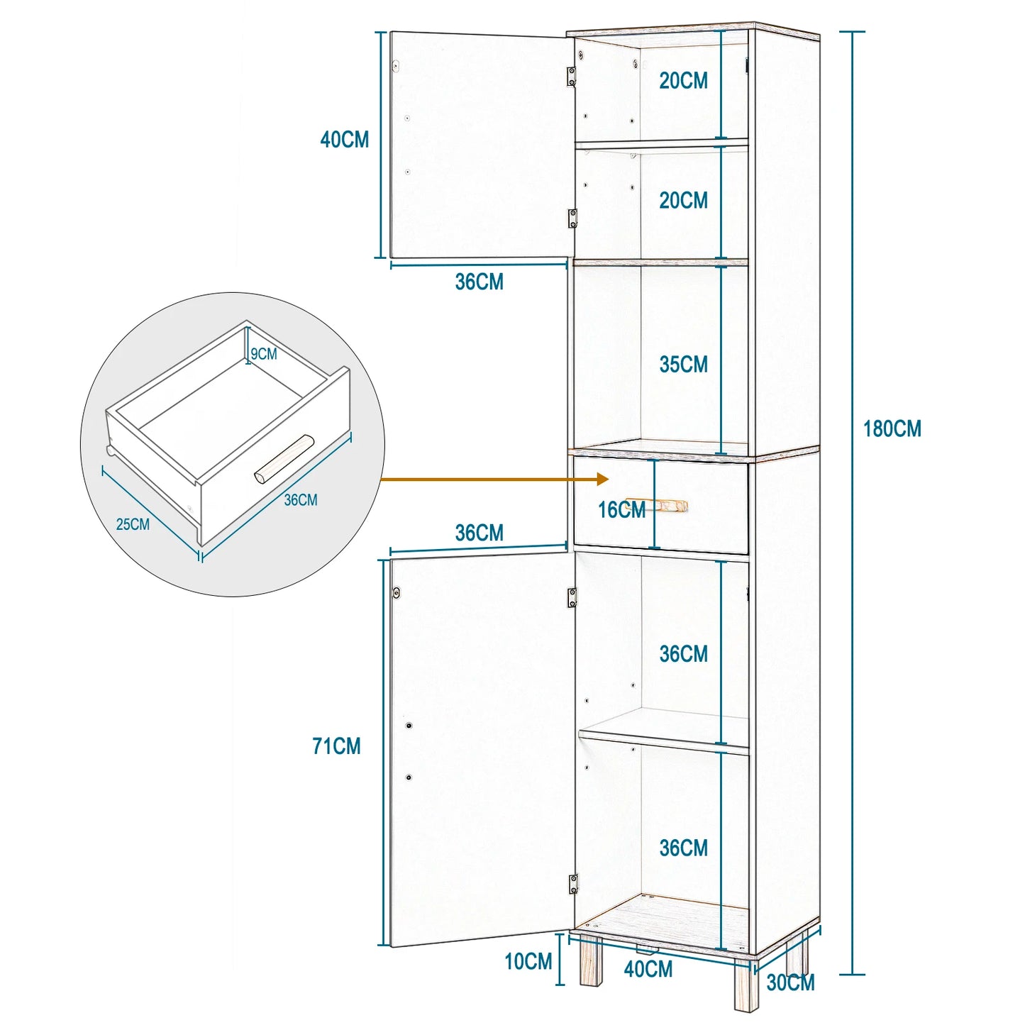 Tall Bathroom Cabinet with 5 Compartments 1 Drawer Adjustable Partitions 39x179x30cm Shower Corner Shelf Storage Rack