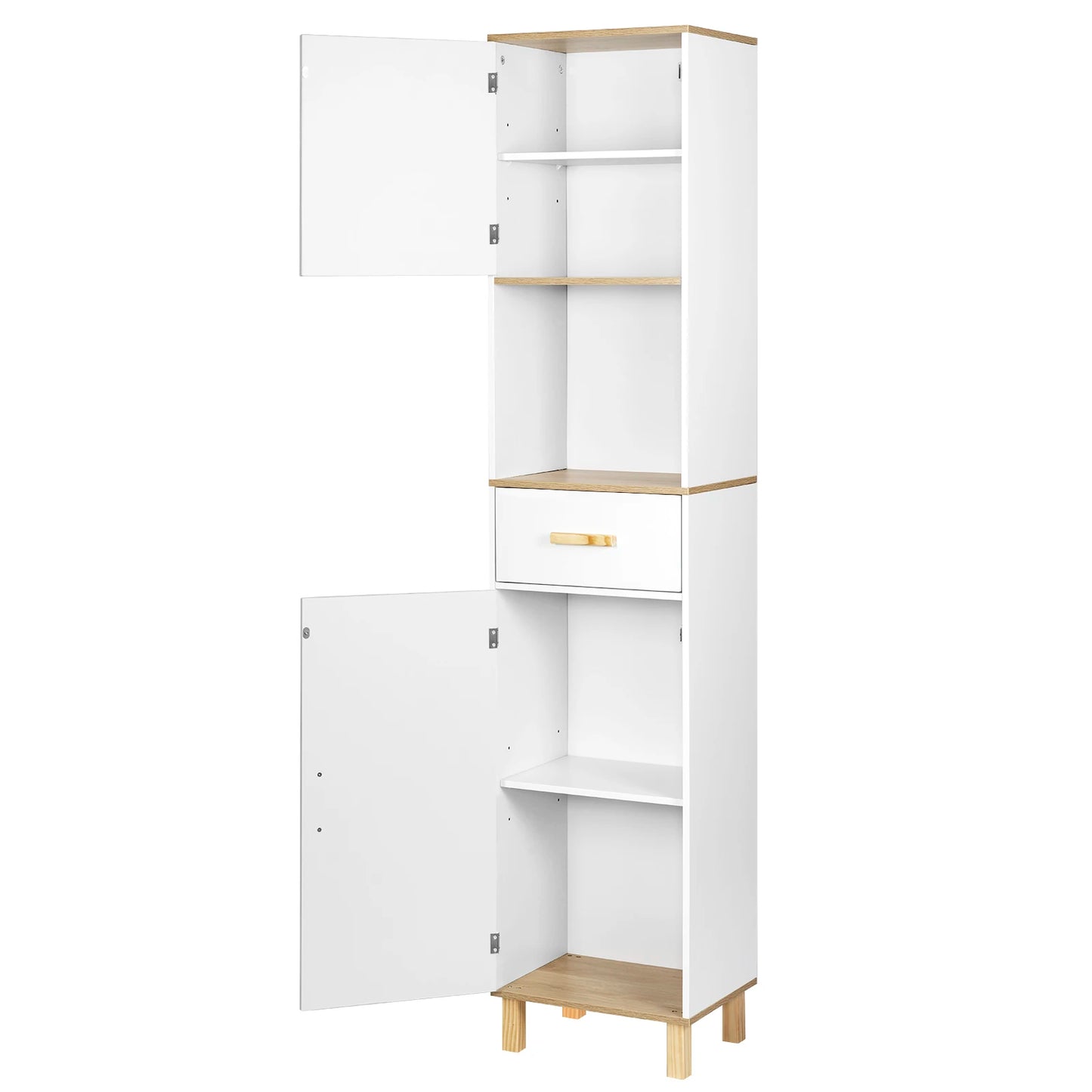 Tall Bathroom Cabinet with 5 Compartments 1 Drawer Adjustable Partitions 39x179x30cm Shower Corner Shelf Storage Rack