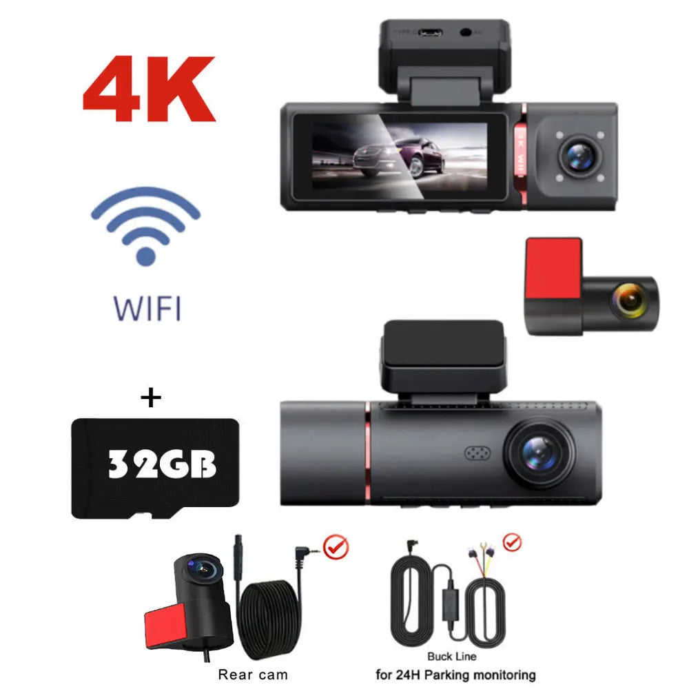 3 Channel Car DVR UHD 4K 3-Lens Inside Vehicle Dash Cam Three Way Came