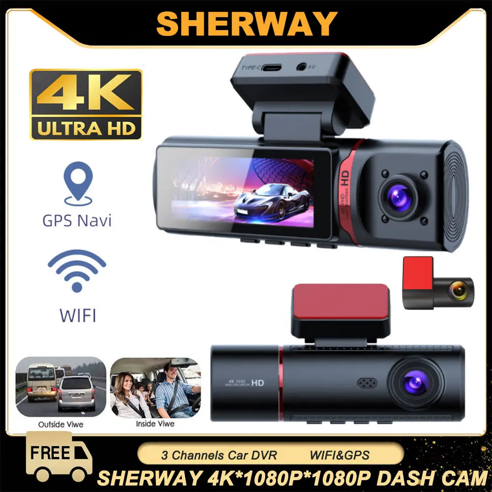 3 Channel Car DVR UHD 4K 3-Lens Inside Vehicle Dash Cam Three Way Came