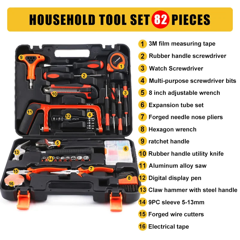 82-Piece Black Tool Kit, Comprehensive and Durable for Home and Auto Repair
