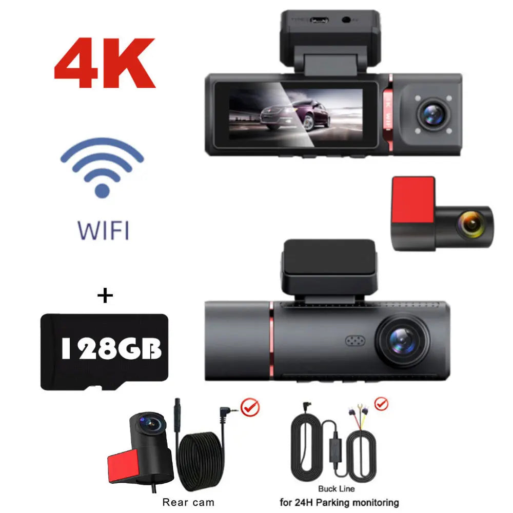 3 Channel Car DVR UHD 4K 3-Lens Inside Vehicle Dash Cam Three Way Came