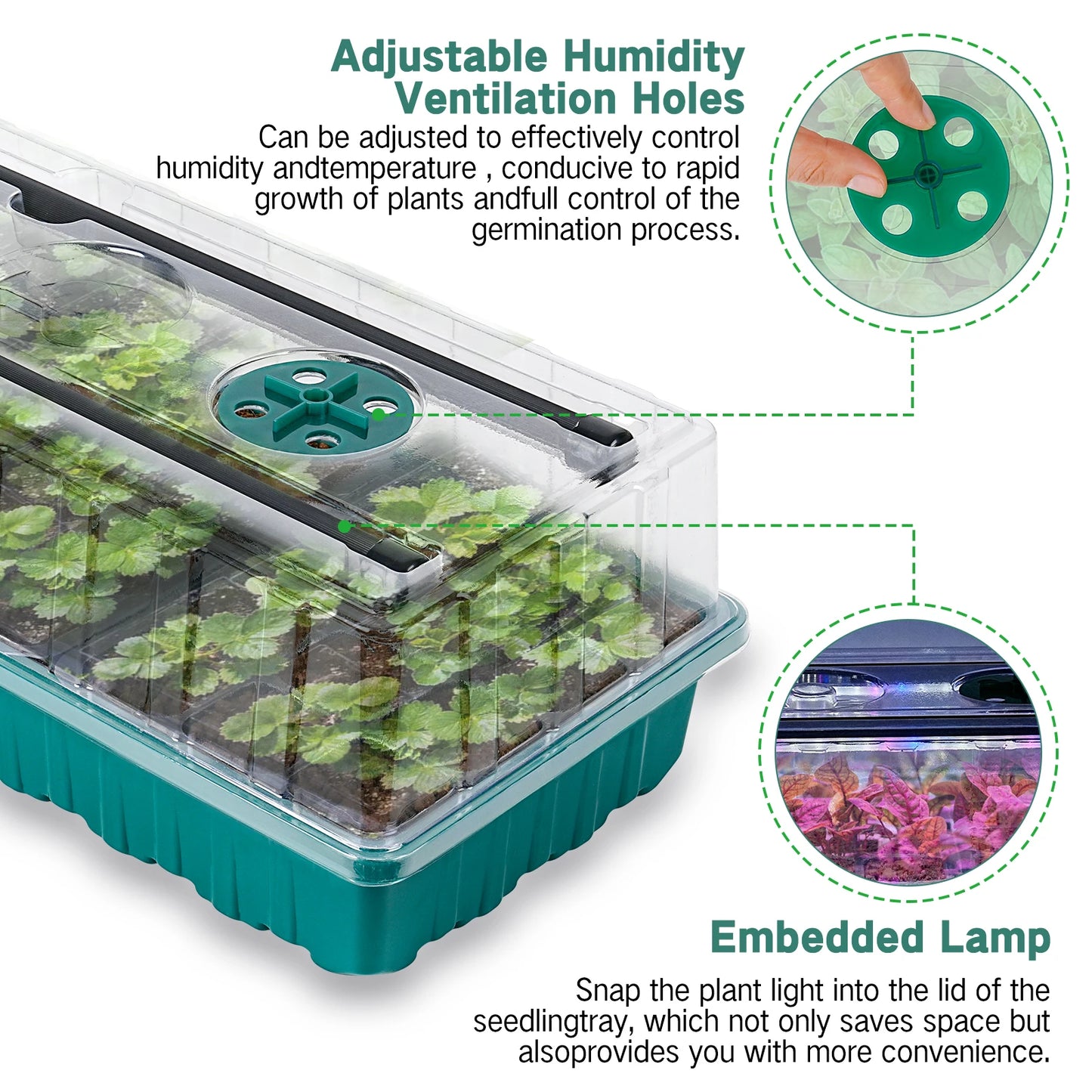 Seed starter tray with grow light, 36-cell seed germination kit, with humidity dome,and adjustable three-color lighting.