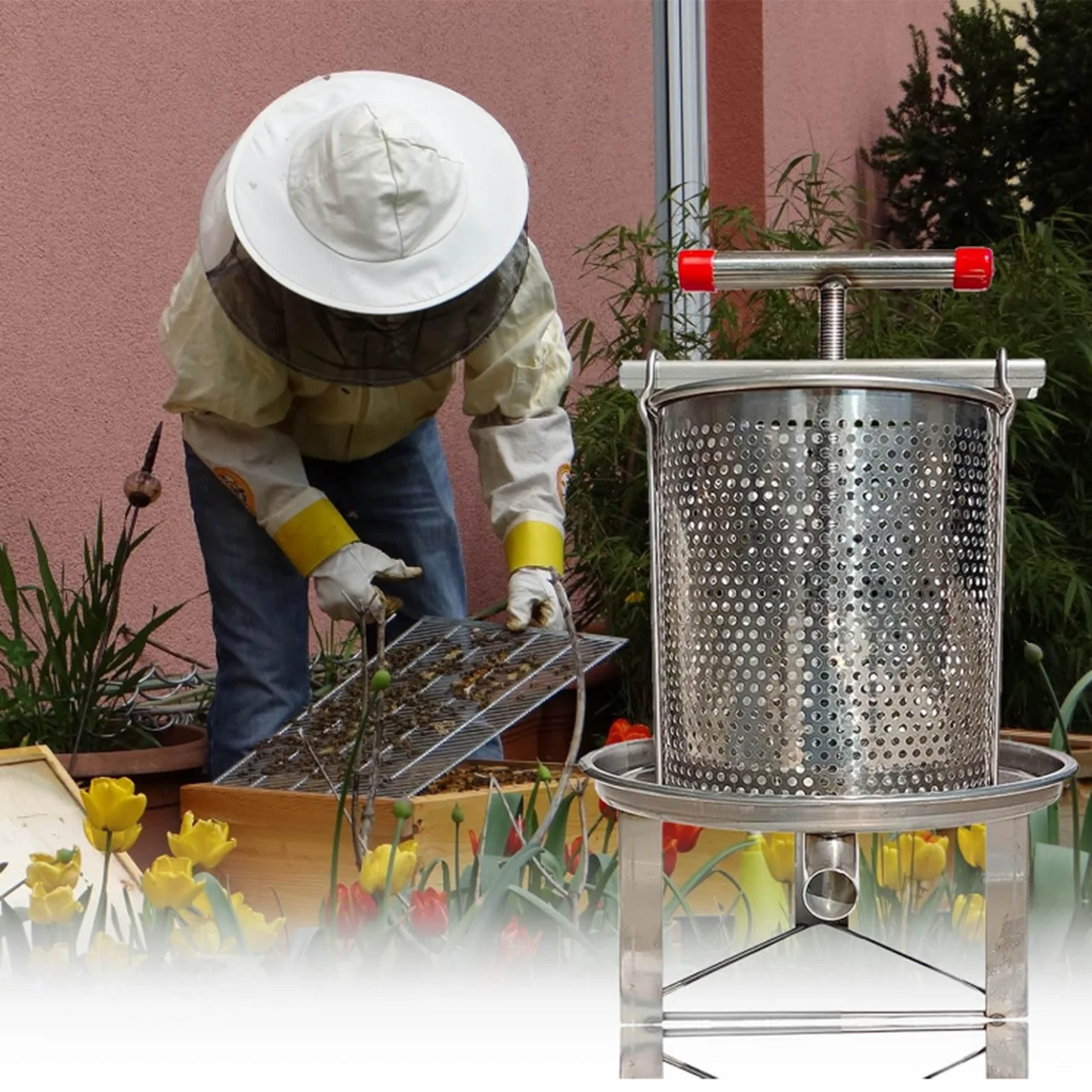 Honey Press Machine with Cover Manual Metal Honey Extractor Beekeeper Equipment Portable for Household Farmhouse Beekeeping