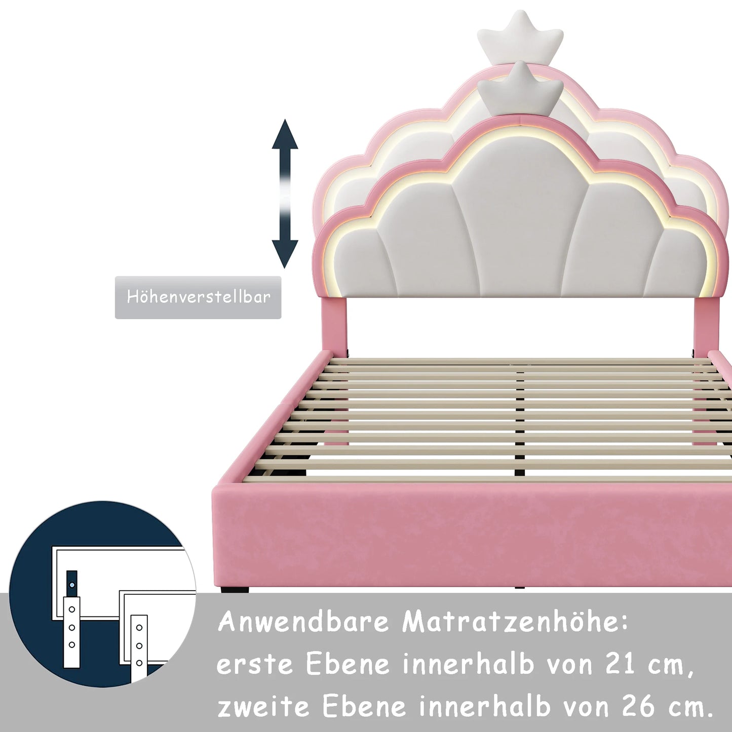 Rosahqnda Children's bed, girls Single bed, Double Bed, Crown Shape Princess bed, Adjustable Headboard, Pink