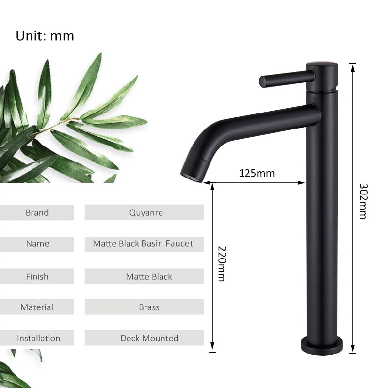 Quyanre Black Chrome Tall Basin Sink Faucet Slim Bathroom Washbasin Water Mixer Tap Hot Cold Water Basin Crane Tap Bathroom Tap