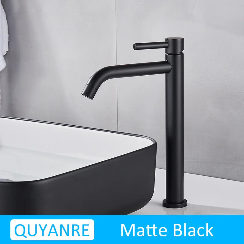 Quyanre Black Chrome Tall Basin Sink Faucet Slim Bathroom Washbasin Water Mixer Tap Hot Cold Water Basin Crane Tap Bathroom Tap