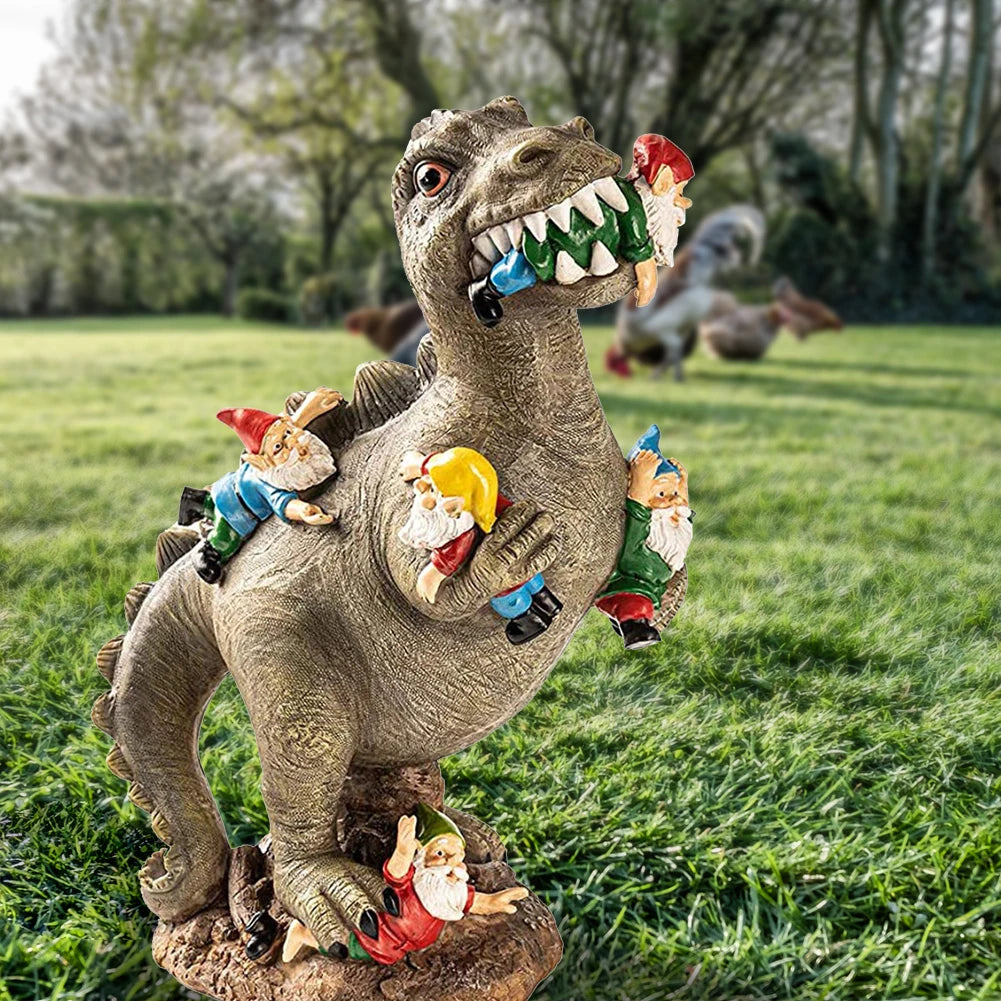 Garden Dinosaur Eating Gnome Statues Funny Resin Figurines Outdoor Sculpture Decor for Garden Patio Lawn Yard Ornament Decor