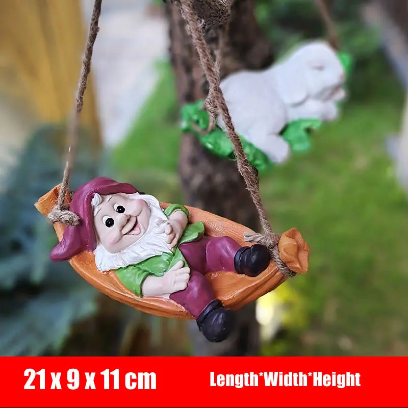 Creative Cute Swing Gnome Garden Decor Statue Resin Dwarfs Hang On Tree Decorative Pendant Indoor Outdoor Decor Ornament