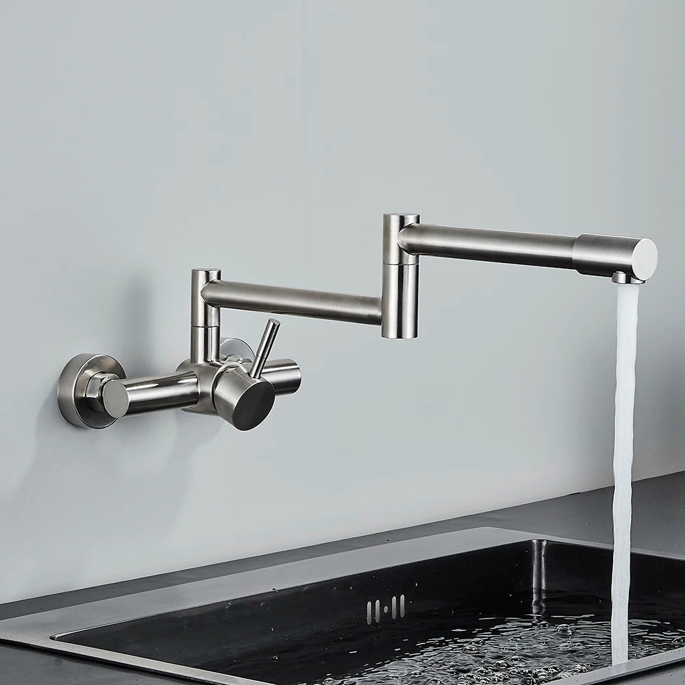 Brushed Kitchen Sink Faucet 304 Stainless Steel In-wall Double Hole 360° Rotation Universal Folding Hot Cold Mixer Kitchen Crane