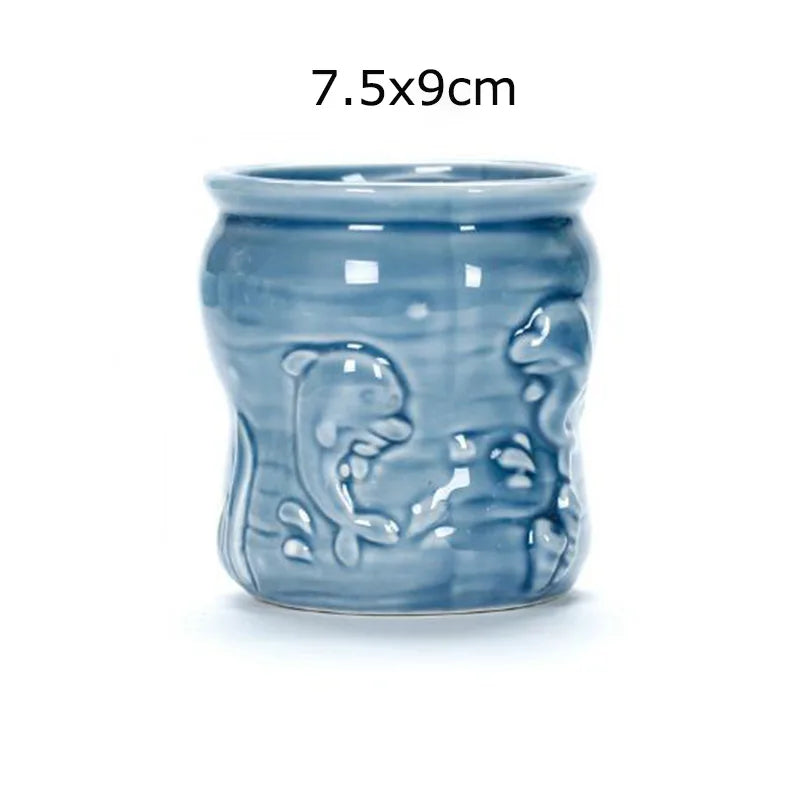 Pocelain Blue Fish Flower Vase European Style Cute Fleshy Flowerpot Mini Bonsai Cactus Flower Pot for Home Garden Home Decor