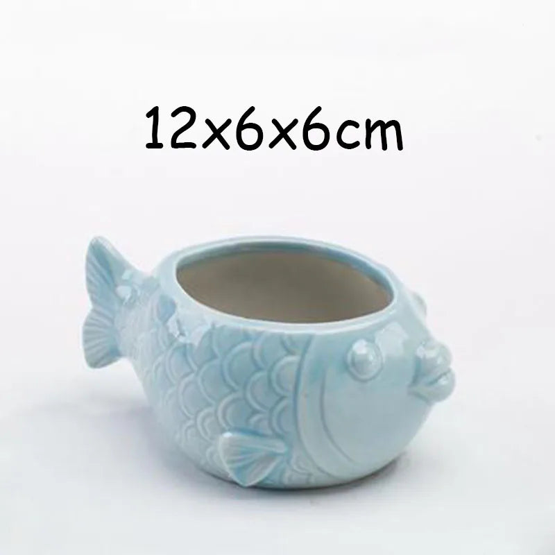 Pocelain Blue Fish Flower Vase European Style Cute Fleshy Flowerpot Mini Bonsai Cactus Flower Pot for Home Garden Home Decor