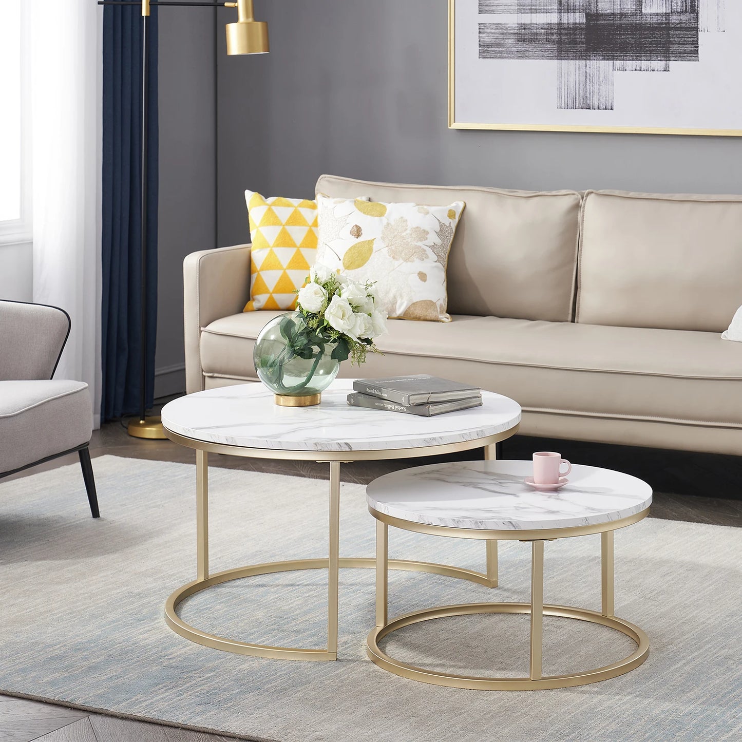 2 in 1 Marble Texture 80cm Coffee Table For Living Room Sofa Side Round Tea Desk Wooden Combination Home Furniture Metal Bracket
