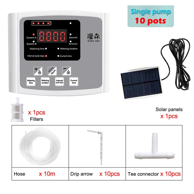Garden Drip Irrigation Device Double Pump Controller Timer System, Solar Energy Intelligent Automatic Watering Device for Plants
