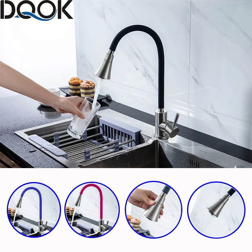 DQOK Silica Gel Nose Any Direction Rotating Kitchen Faucet Cold and Hot Black Water Mixer Pink Single Handle Kitchen Tap