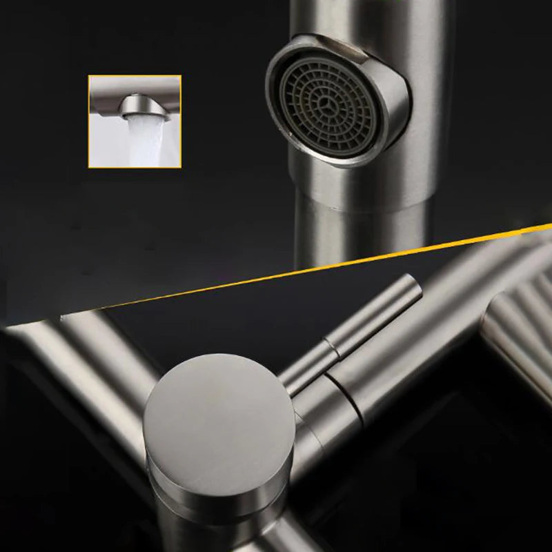 Brushed Kitchen Sink Faucet 304 Stainless Steel In-wall Double Hole 360° Rotation Universal Folding Hot Cold Mixer Kitchen Crane