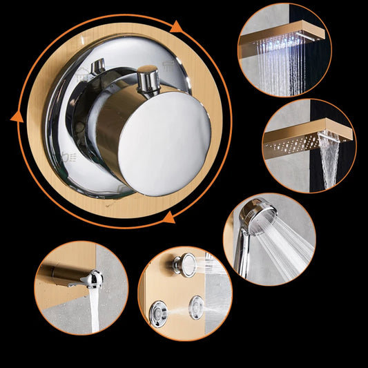 Gold Shower Panel LED Light Bathroom Six Functions Shower Column Tower Digital Screen Waterfall Shower Massage Spa Jets Tub