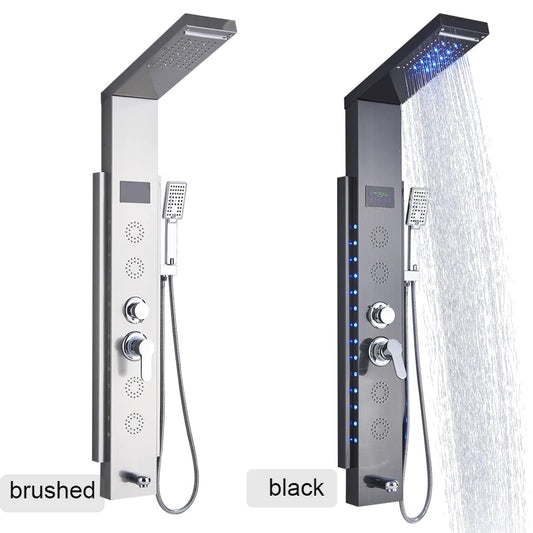 MYQualife New Top Design Led Shower Panel 5 Function Bathroom Shower Faucet Wall Mounting Black Cold and Hot Shower Column