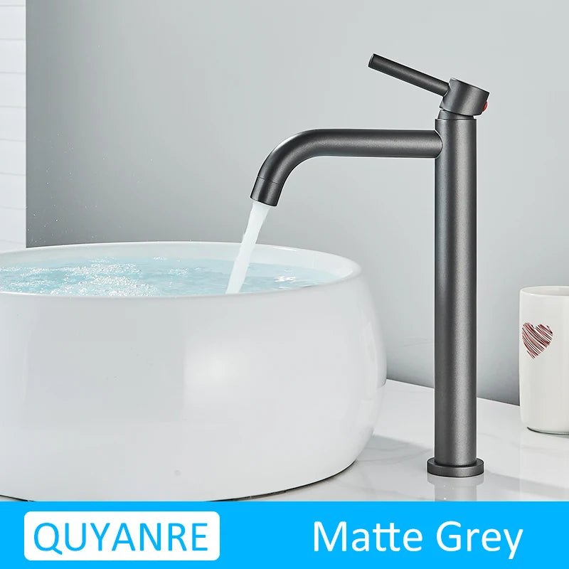 Quyanre Black Chrome Tall Basin Sink Faucet Slim Bathroom Washbasin Water Mixer Tap Hot Cold Water Basin Crane Tap Bathroom Tap