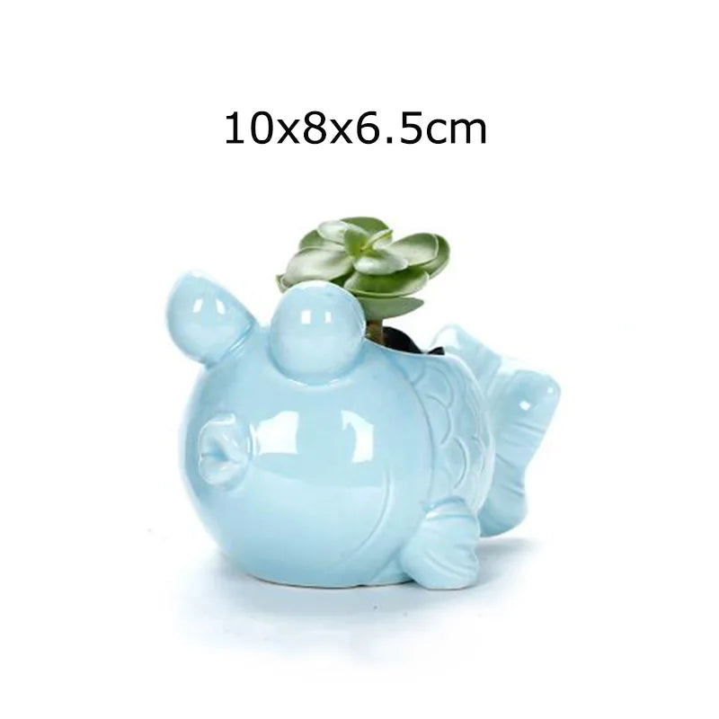 Pocelain Blue Fish Flower Vase European Style Cute Fleshy Flowerpot Mini Bonsai Cactus Flower Pot for Home Garden Home Decor