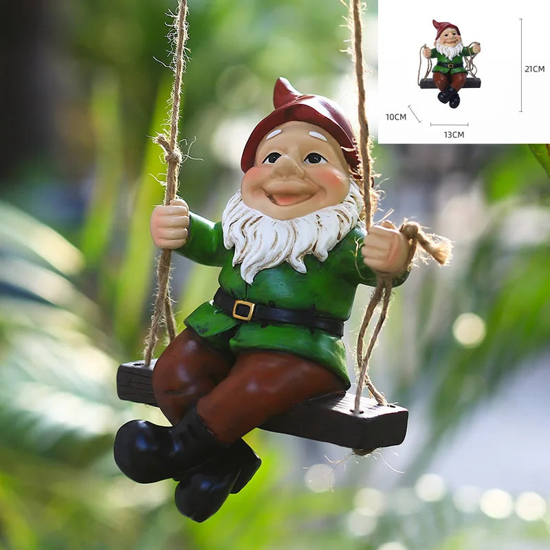 Creative Cute Swing Gnome Garden Decor Statue Resin Dwarfs Hang On Tree Decorative Pendant Indoor Outdoor Decor Ornament