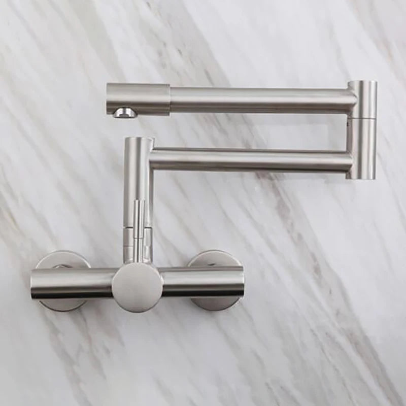 Brushed Kitchen Sink Faucet 304 Stainless Steel In-wall Double Hole 360° Rotation Universal Folding Hot Cold Mixer Kitchen Crane