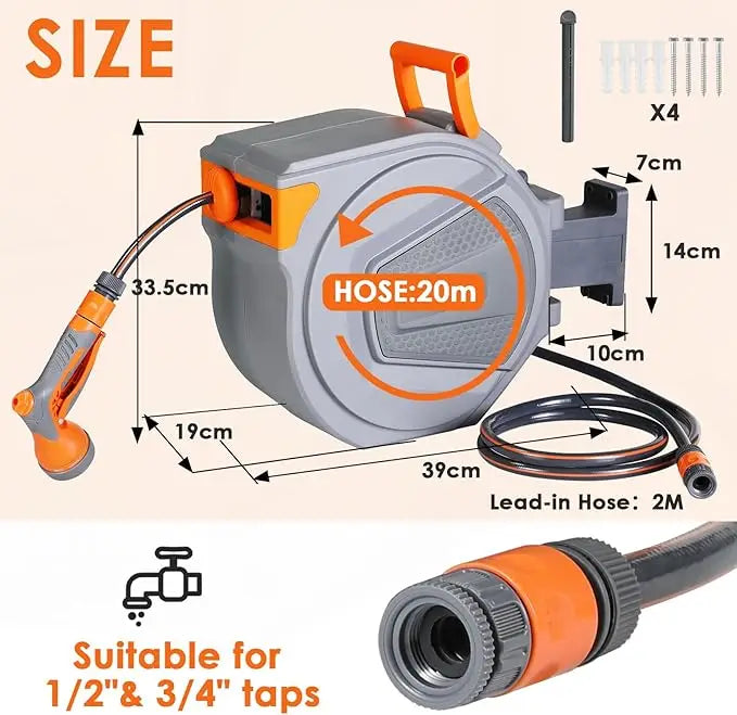 Retractable Garden Hose Reel 20/30M+2M UV Resistant Heavy Duty Automatic Hose Reel Wall Mount 1/2,3/4in Fitting 9 Pattern Nozzle