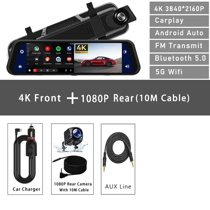 UHD 4K 3840*2160P Car Dvr Carplay Android Auto GPS 5G WIFI AUX Dash Ca