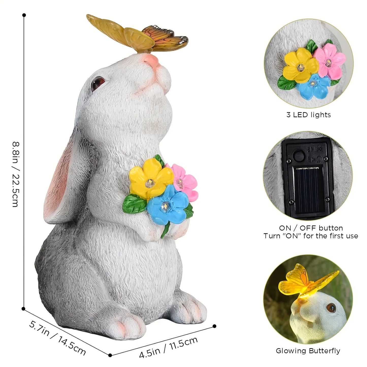 Outdoor Rabbit Statue Decoration With Solar Powered Butterfly Light Resin Art Deco Rabbit Figurine For Garden Lawn Patio