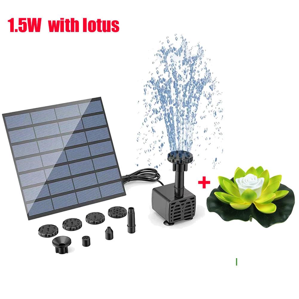 1.5W Solar Fountain Pump with 6 Nozzles Mini Fountain Pool Pond Waterfall for Outdoor Bird Bath Pond Garden Decor Floating Lotus