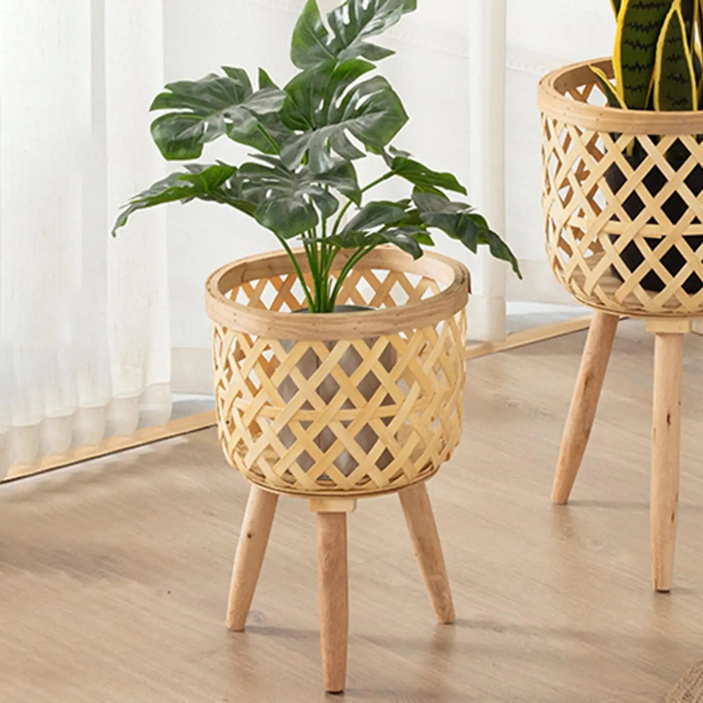 Hand Woven Flower Pot Tripod Stand Detachable Rattan Pot Wood Pastoral Flower Baskets for Balcony Planters Home Indoor Decor
