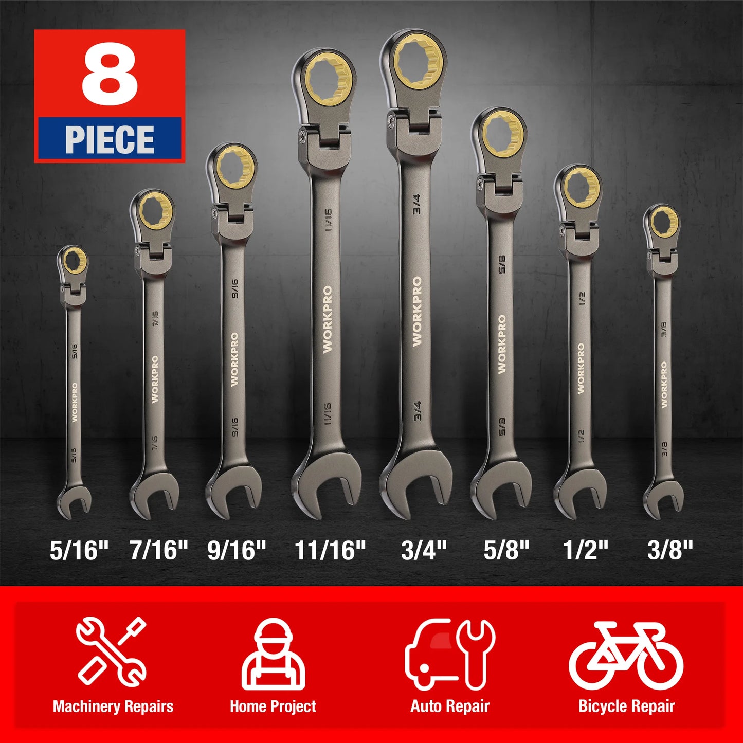 WORKPRO 8pcs Flex-Head Ratcheting Combination Wrench Set SAE 5/16-3/4