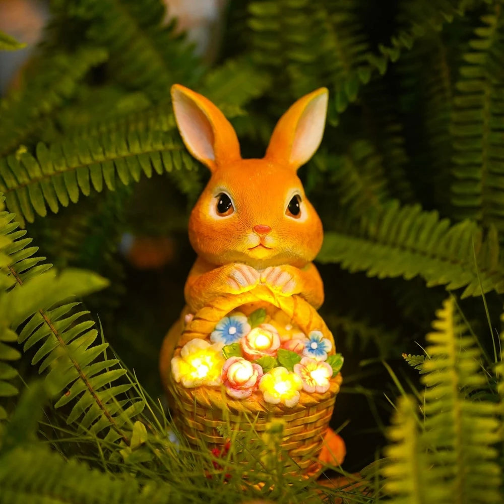 Solar Garden Statues Rabbit & Flowers Decor Outdoor Indoor with LED Light Mothers Day Gardening Gifts Bunny Lawn Statue Ornament