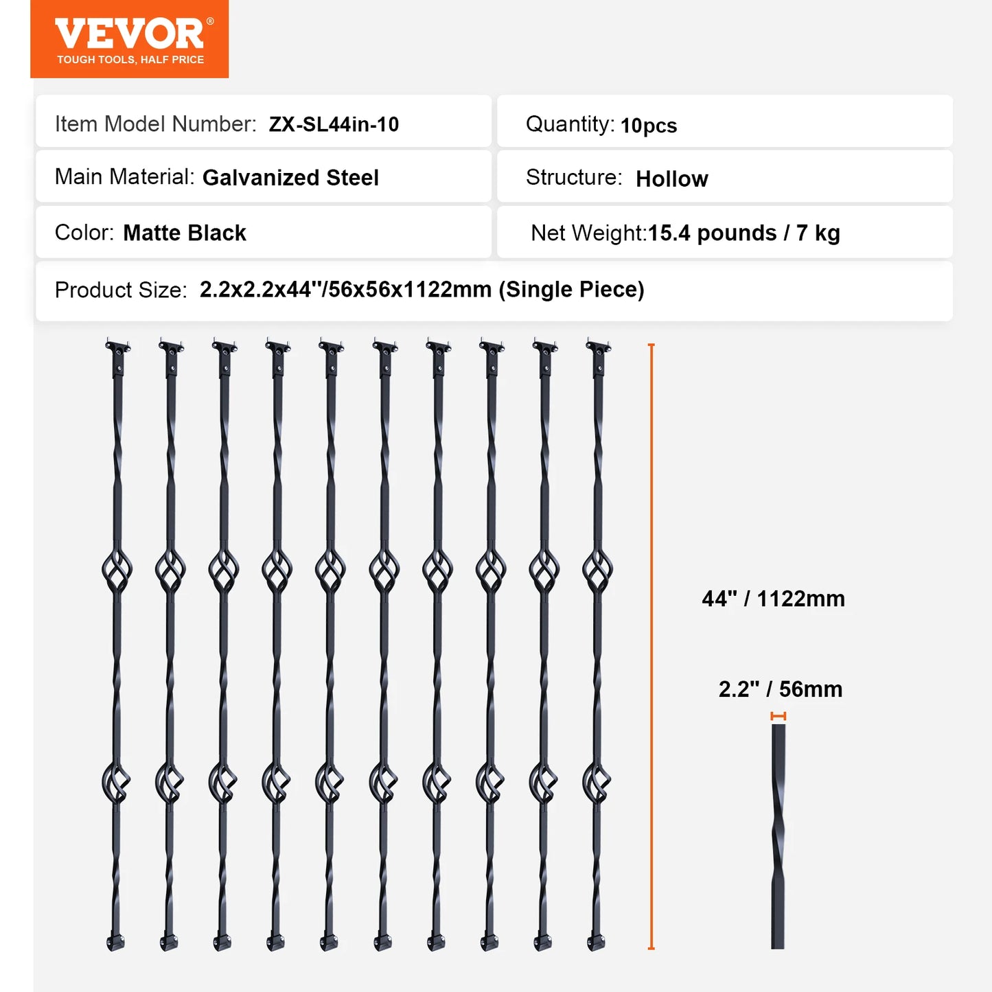 VEVOR Staircase Metal Balusters Galvanized Steel Decorative Banister Spindles with Hollow Baskets Spiral Stair with Shoes Screws