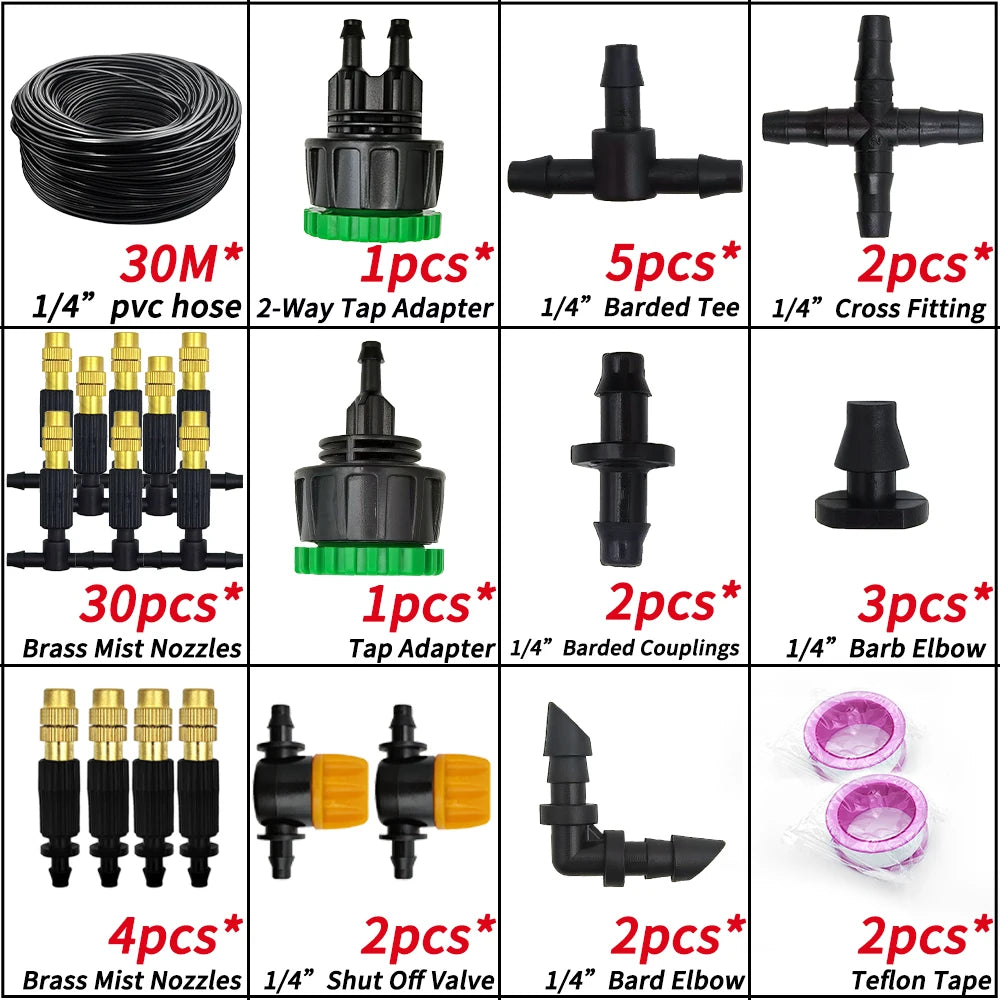 WUJIE 5M-30M Garden Irrigation Outdoor Misting Cooling System Watering 1/4'' Brass Atomizer Nozzles 4/7mm Hose Patio Greenhouse