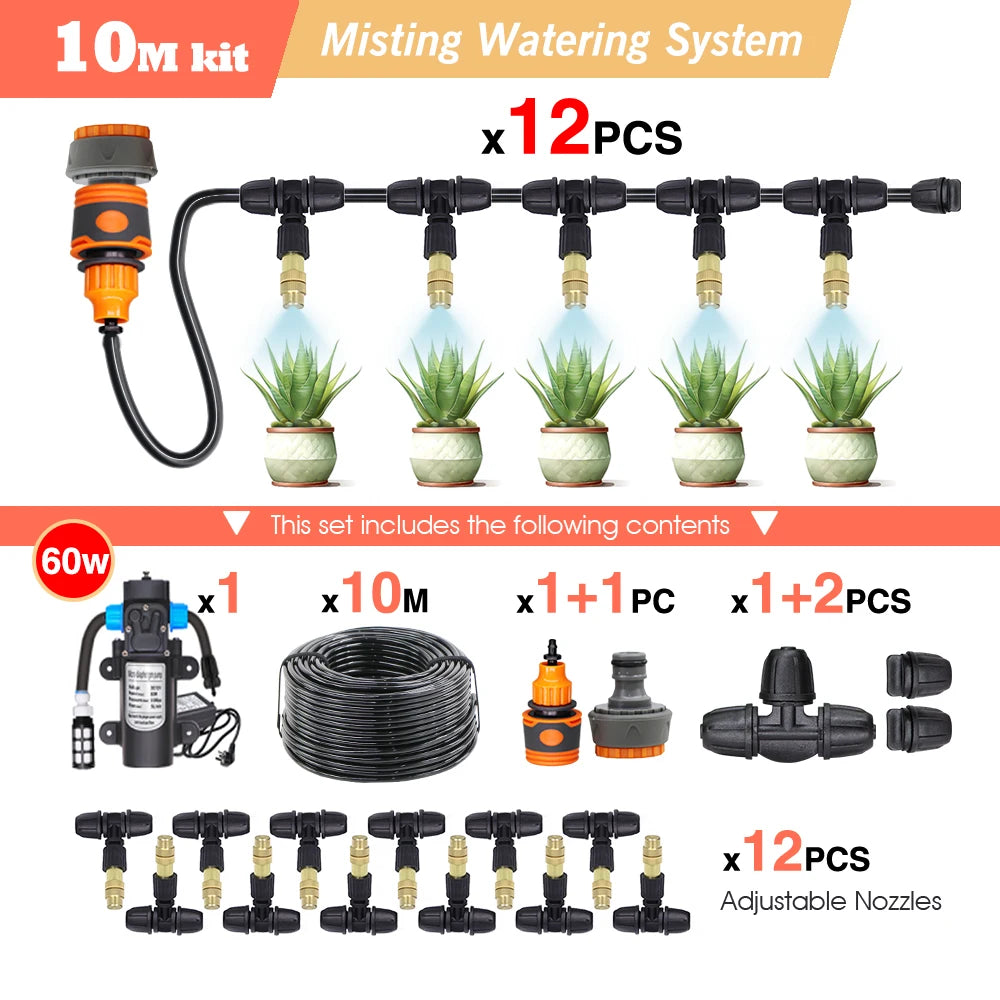 10-25M Garden Adjustable Brass Nozzle Misting 1/4" Watering System 60W Self-Priming Pump Automatic Cool Irrigation Equipment