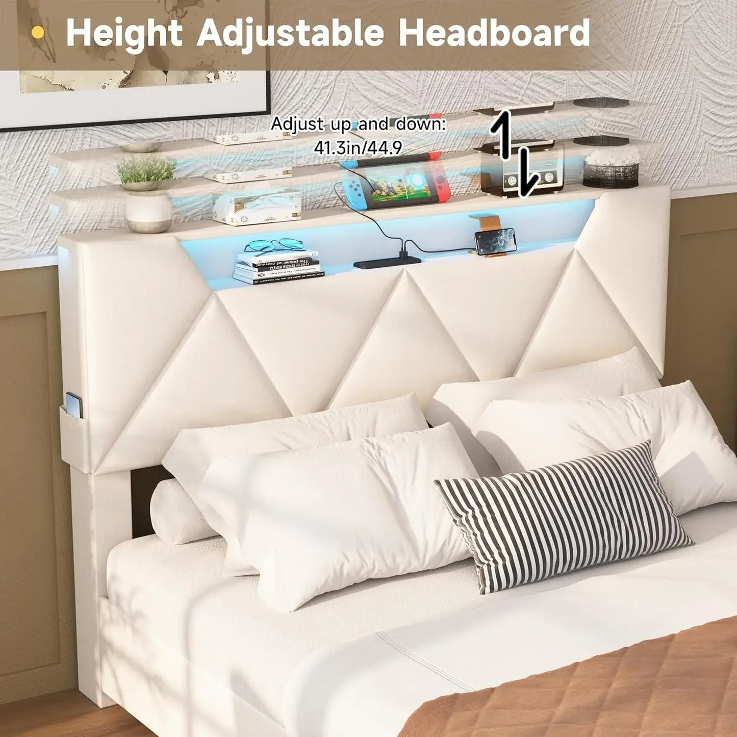 Vabches Bed Frame Queen with Storage Headboard&4 Drawers Upholstered Platform Bed Frame with Charging Station&LED Lights Bedroom