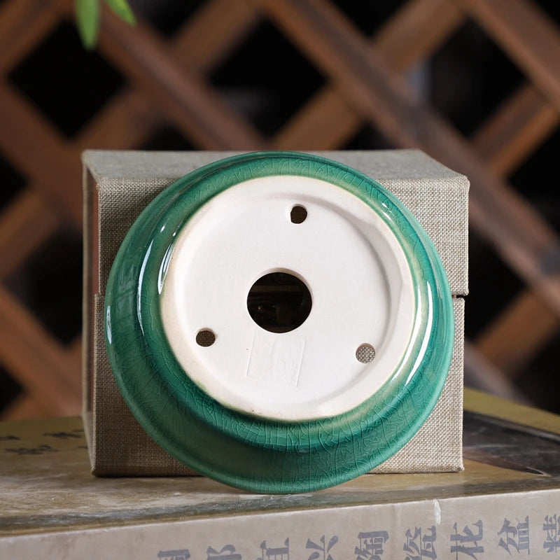 Colorful Glazed Tripedal Circle Plate Bonsai Pot,Small Flower Plants Vase,Table Breathability Garden Home Decoration