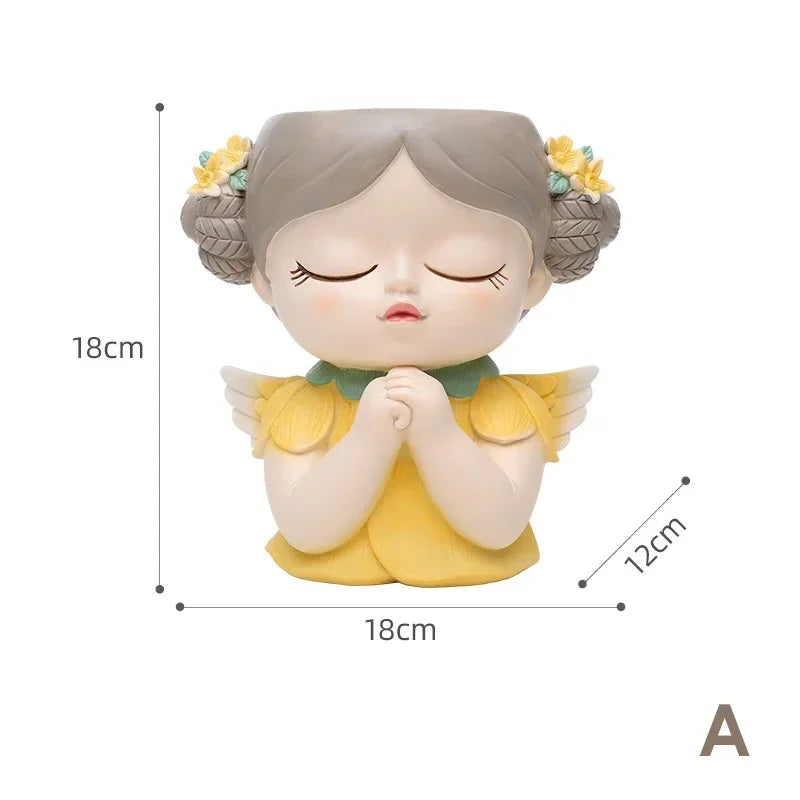 7 inch Cute Angel Girl Face Planter Pot with Drainage Hole, Resin Fairy Tale Planter Ornamental Statues for Home Office Decor