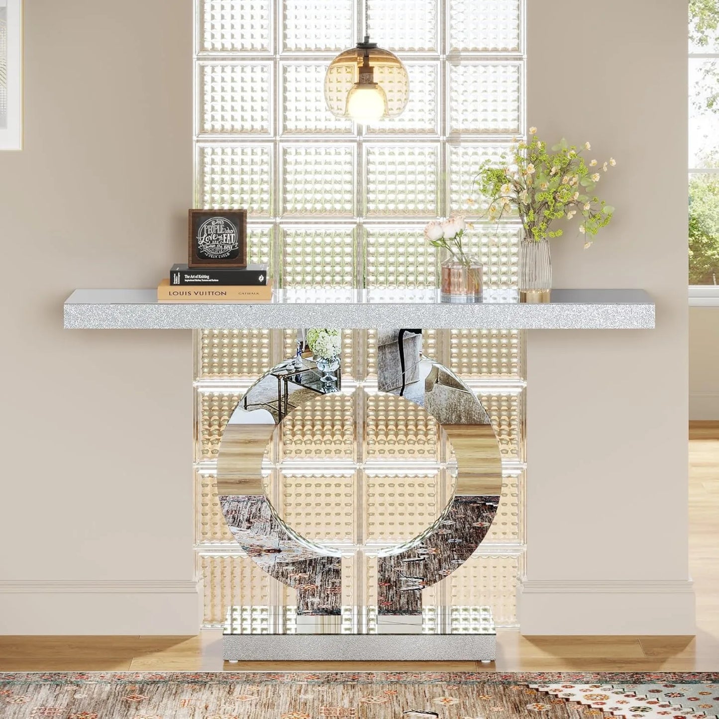 Mirrored Console Table with O-Shaped Base, Entryway Table Glass Sofa Table with Mirror Finish, Rectangle Accent Foyer Table