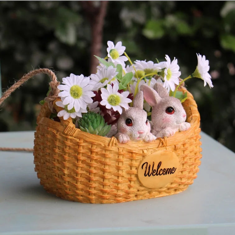 Double Rabbit Hanging Basket Flowerpot Wreath Mother And Child Rabbit Resin Crafts Outdoor Garden Yard Balcony Figurines Decor