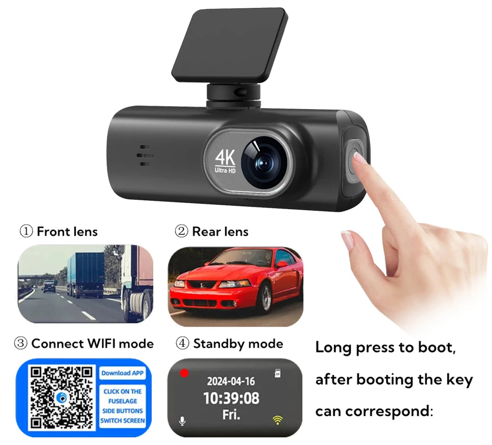 UHD 4K Dash Cam Dual Lens Driving Recorder Car DVR 1080P Rear Lens Cam
