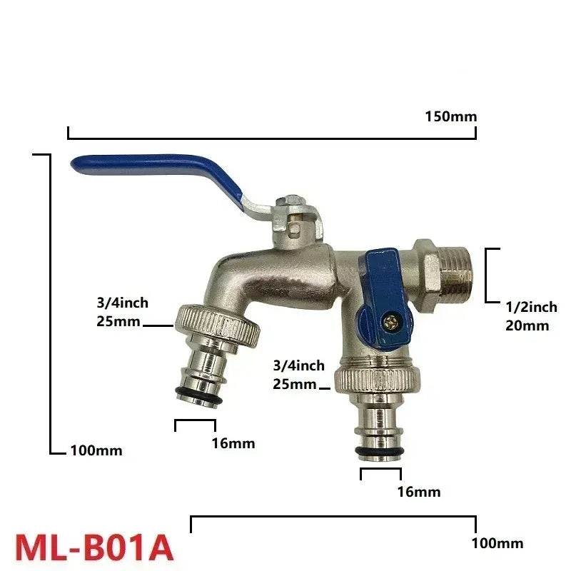 1/2'' 3/4'' Double Head Water Faucet Water Splitter Connector Coupling Adapter Valve Switch Garden Hose Irrigation Tap Joint
