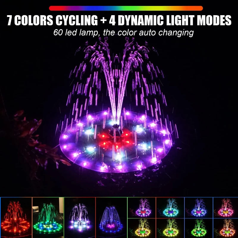 4W Solar Fountain Bird Pond with 60 LED Lights, 2000mAh Battery Solar Fountain Water Pump for Garden Patio Ponds