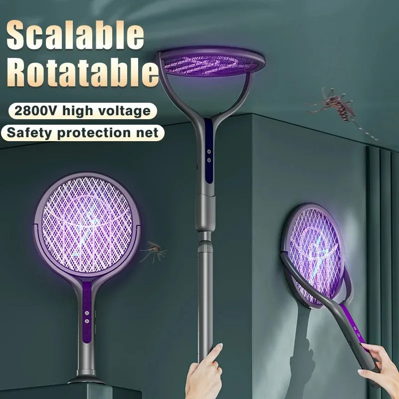 New 2-in-1 mosquito killer lamp multifunctional angle telescopic mosquito swatter USB rechargeable mosquito swatter bat swatter