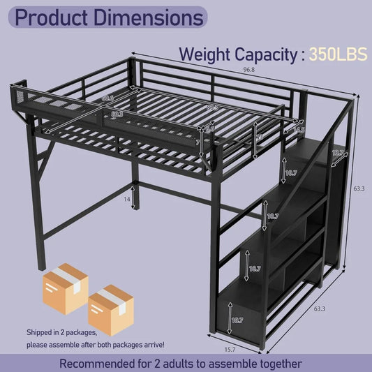 Metal Queen Size Loft Bed Frame with Storage Stairs, Side Shelf, Wardrobe, USB Ports, and LED Lighting