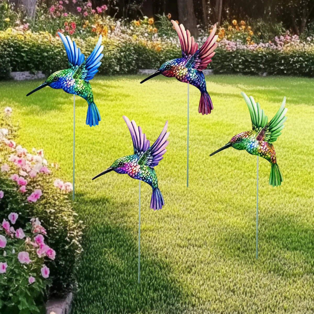4PCS Metal Hummingbird Stakes Art Sculpture Outdoor Waterproof Iron Ornament Garden/Home Decor Yard Lawn Patio Garden Bird Decor