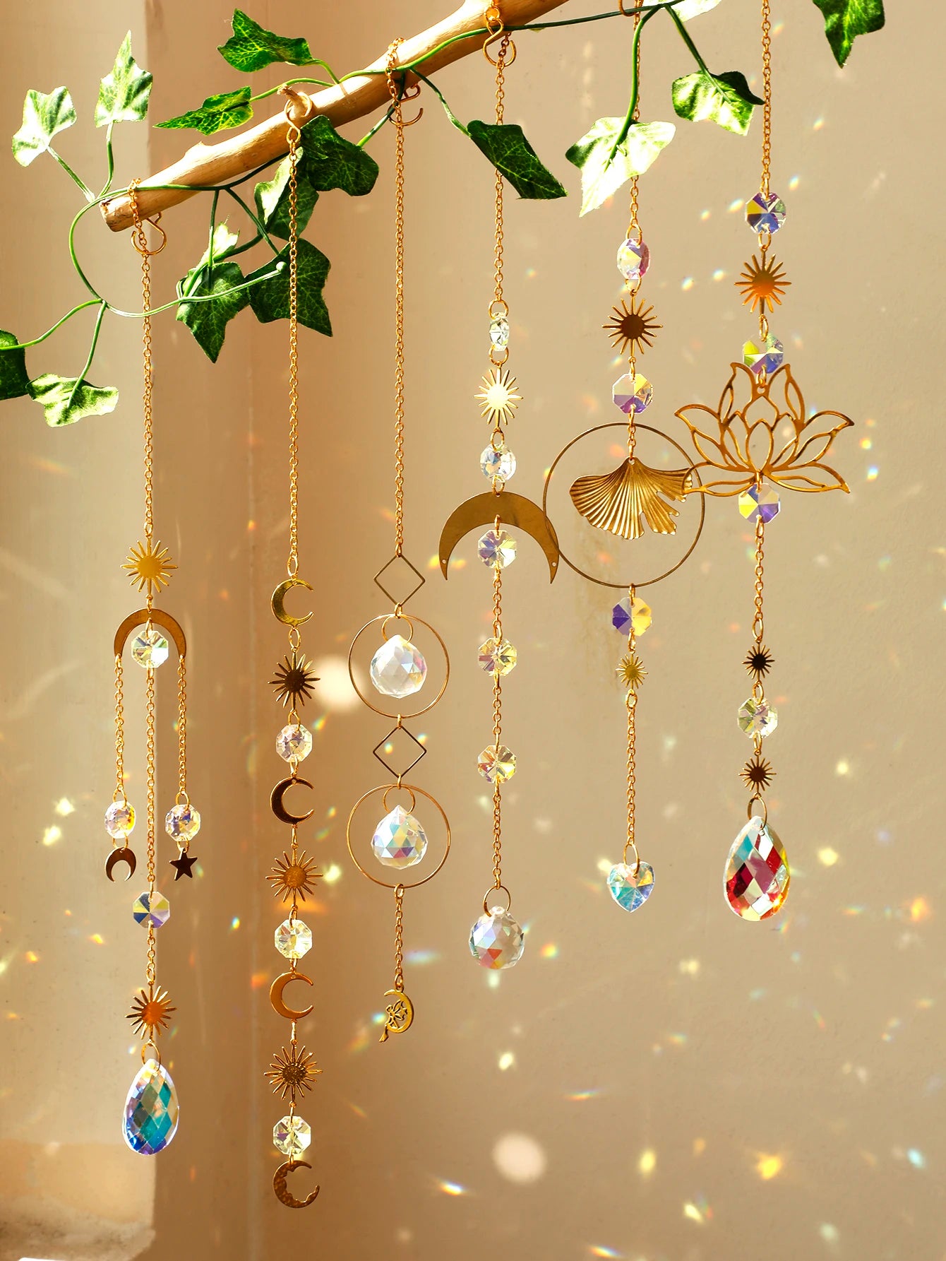 Sun Moon Crystal Suncatcher Rainbow Maker Stained Glass Beaded Sun Catcher Window Hanging Ornament Wind Chimes Yard Garden Decor