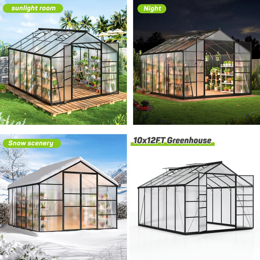 Polar Aurora 10x12FT Polycarbonate Greenhouse Aluminum Frame w/ Vent Windows - Walk-in Easy Assembly for Backyard Garden