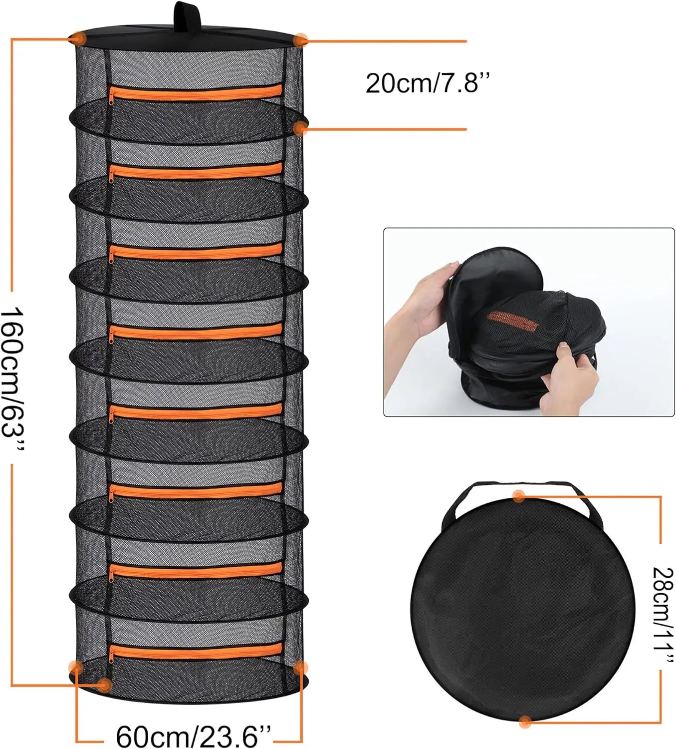 2ft Herb Drying Rack 2/4/6/8 Layer Folding Mesh Hanging Basket Dryer Net with Zippers for Seeds Flowers Buds Fit in Grow Tents
